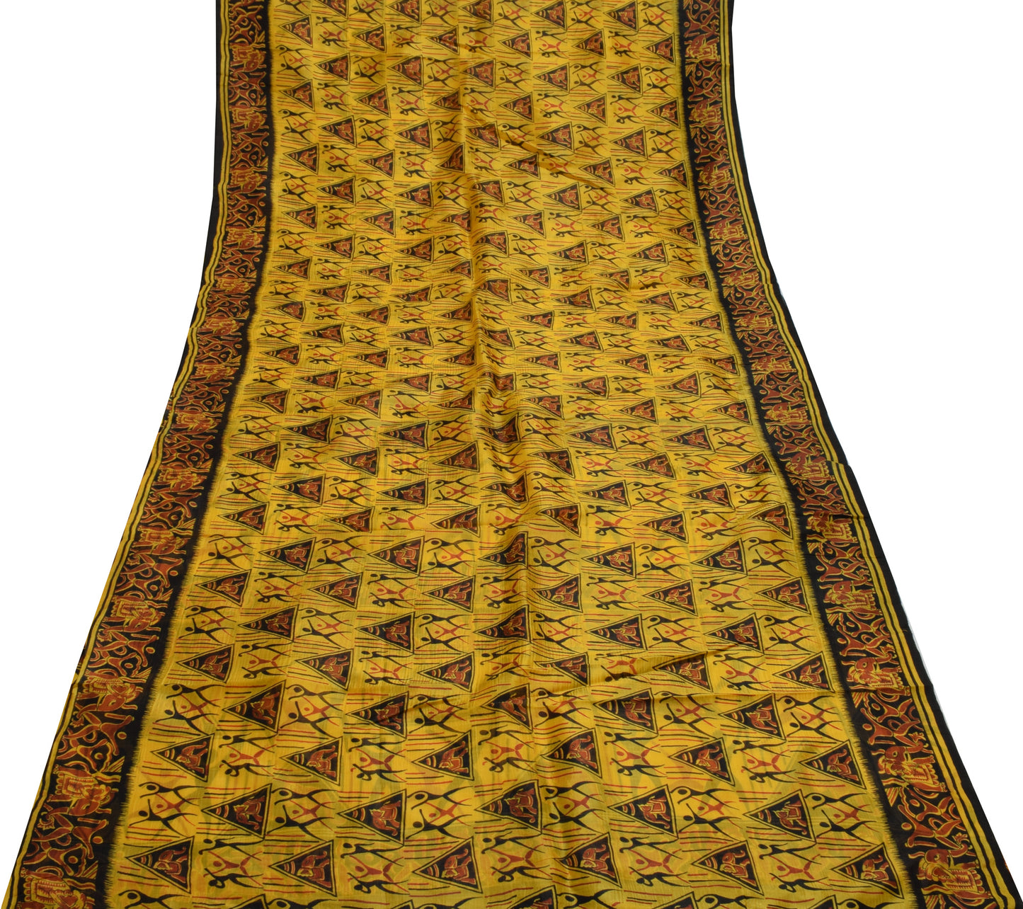 Sushila Vintage Yellow Saree 100% Pure Silk Printed Humans Soft Craft Fabric
