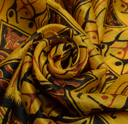Sushila Vintage Yellow Saree 100% Pure Silk Printed Humans Soft Craft Fabric