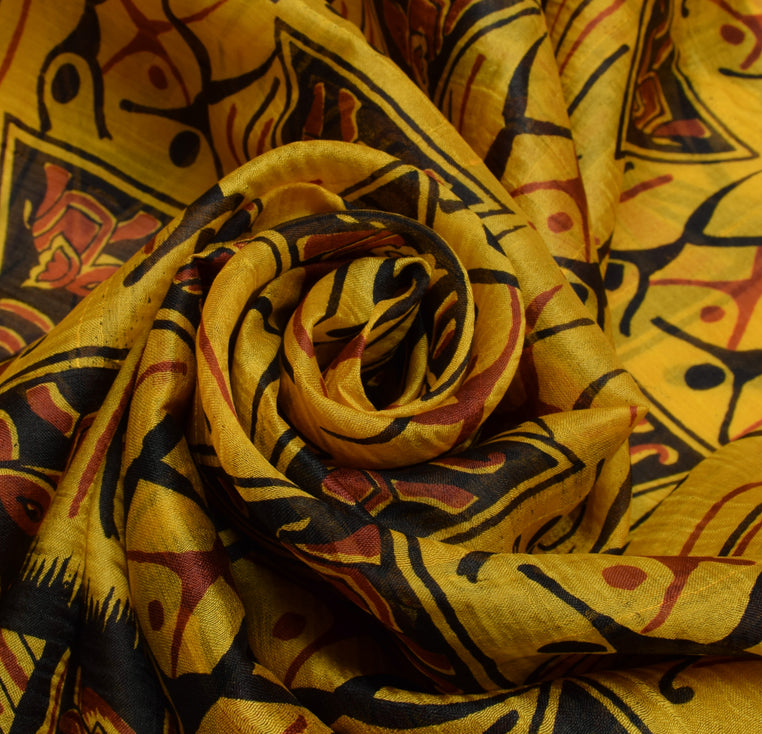 Sushila Vintage Yellow Saree 100% Pure Silk Printed Humans Soft Craft Fabric