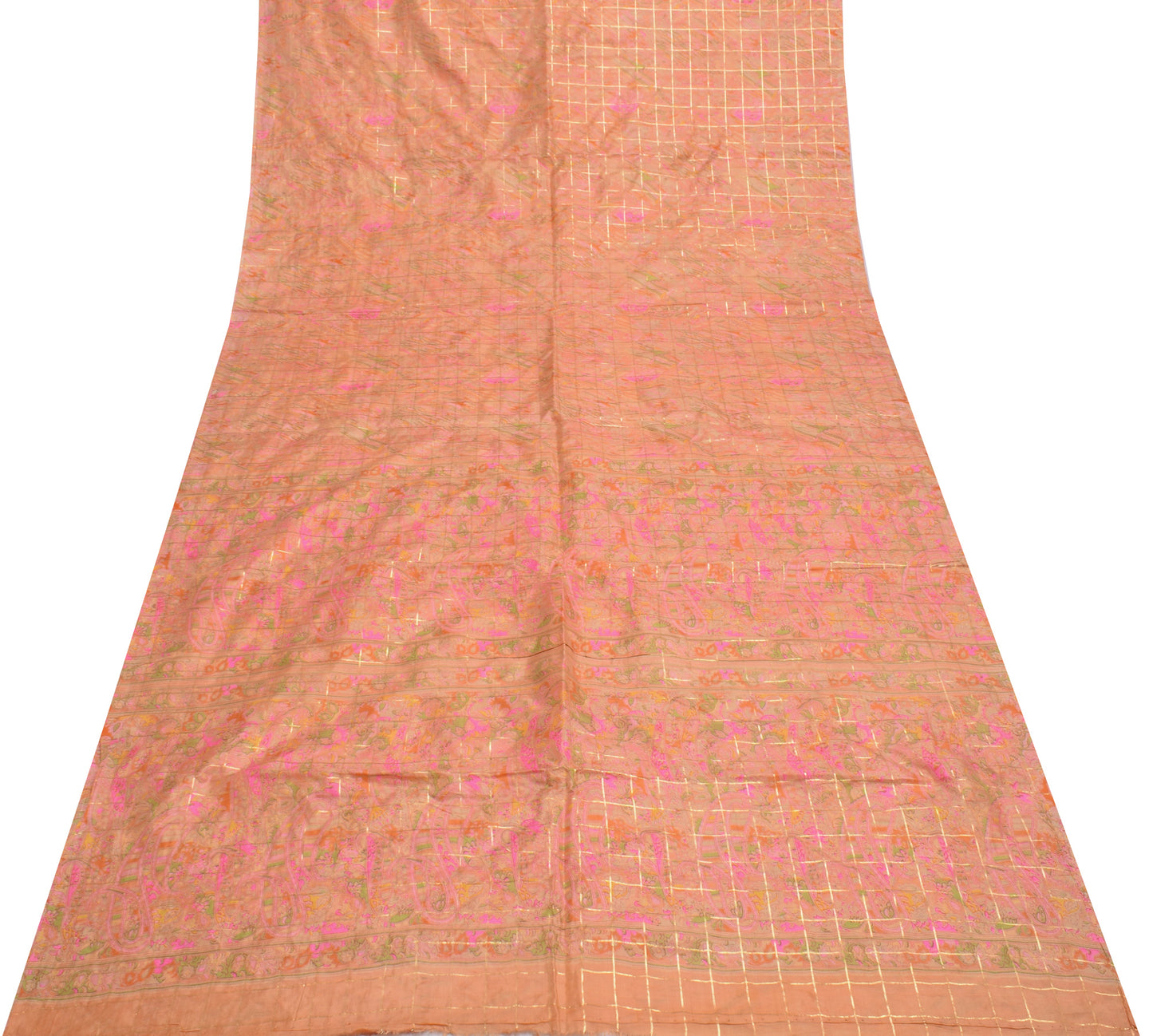 Sushila Vintage Peach Saree 100% Pure Silk Printed & Woven Soft Craft Fabric