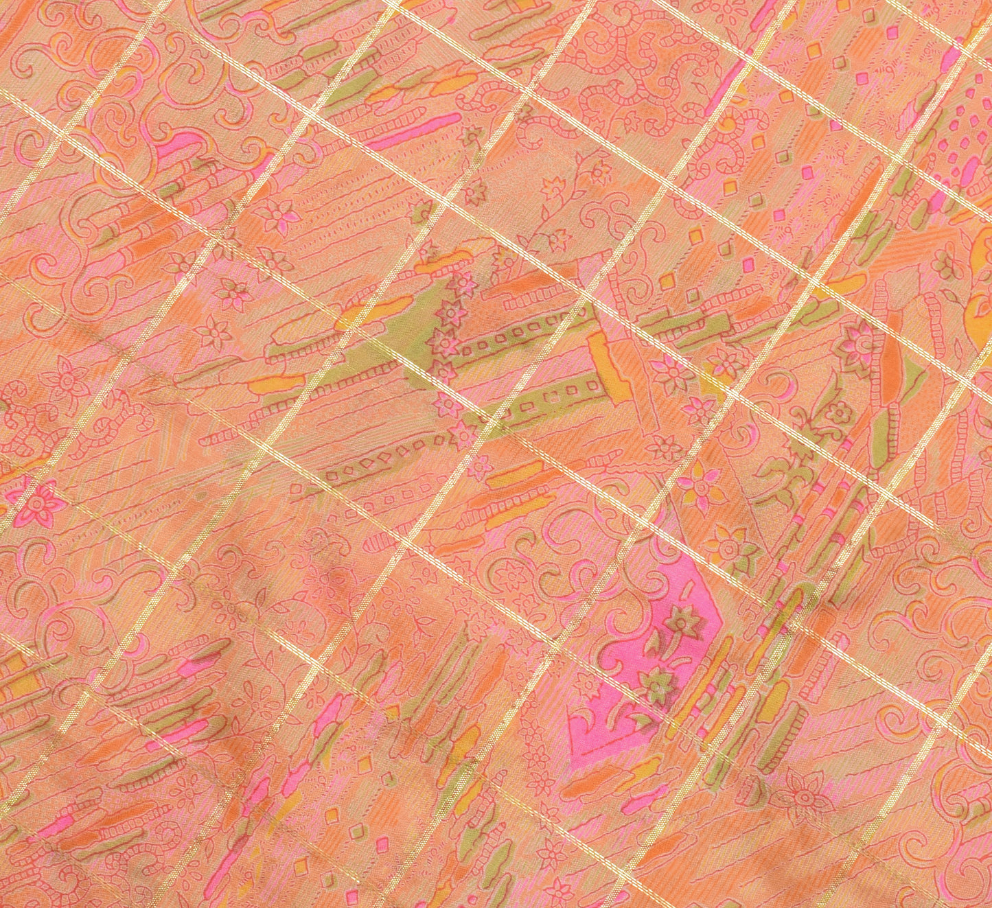 Sushila Vintage Peach Saree 100% Pure Silk Printed & Woven Soft Craft Fabric