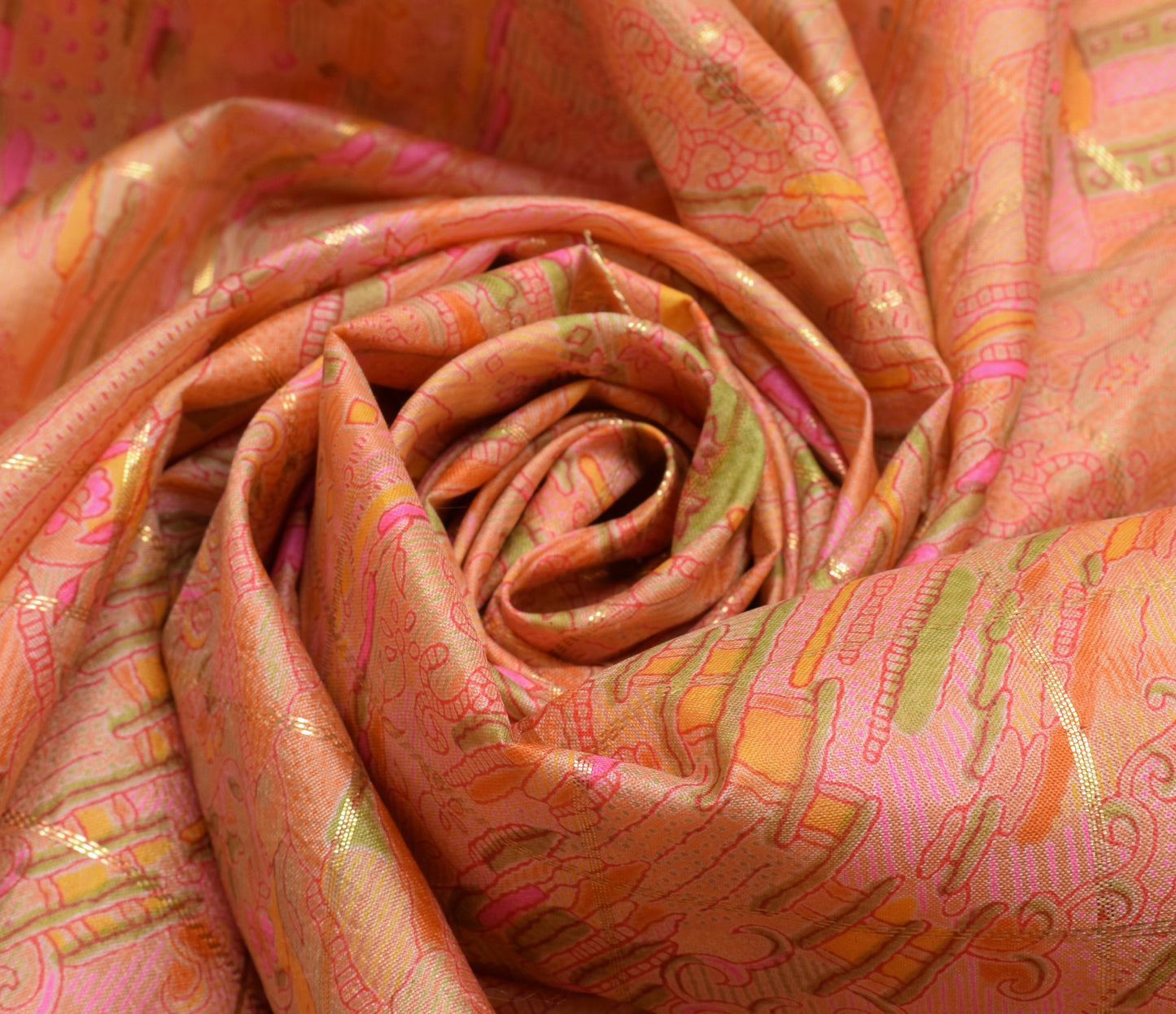 Sushila Vintage Peach Saree 100% Pure Silk Printed & Woven Soft Craft Fabric