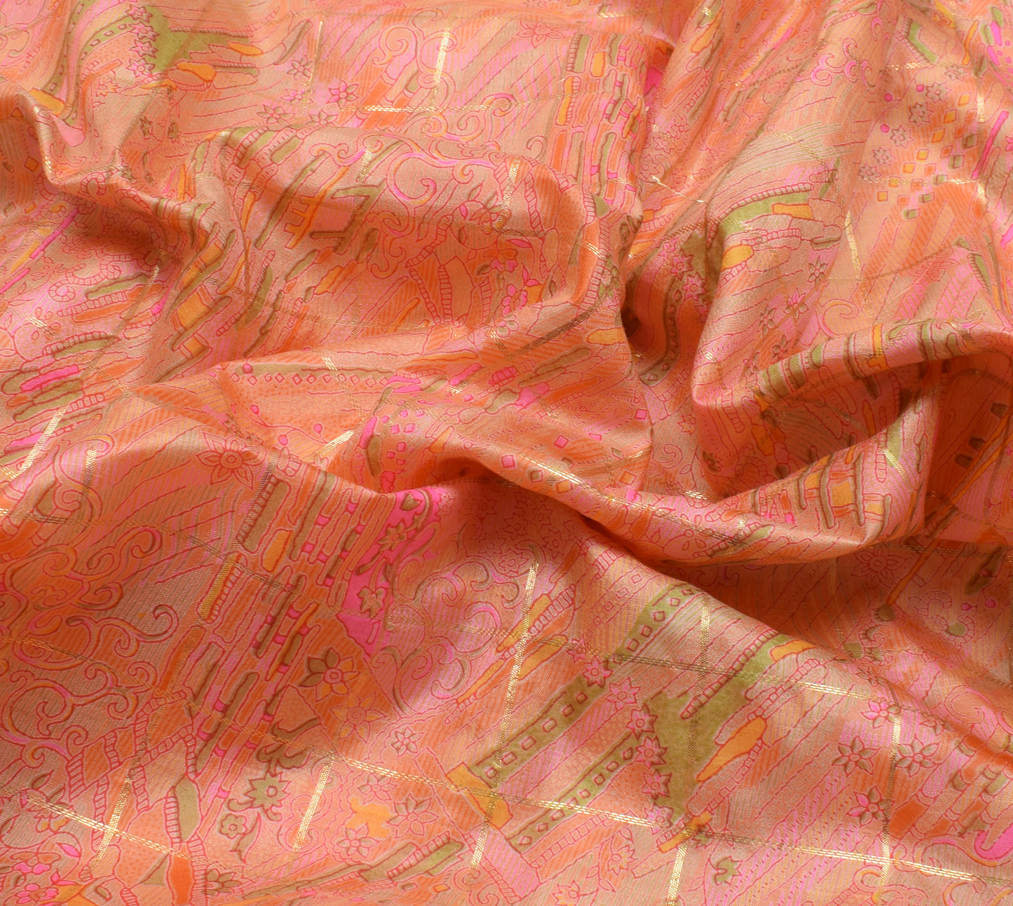 Sushila Vintage Peach Saree 100% Pure Silk Printed & Woven Soft Craft Fabric