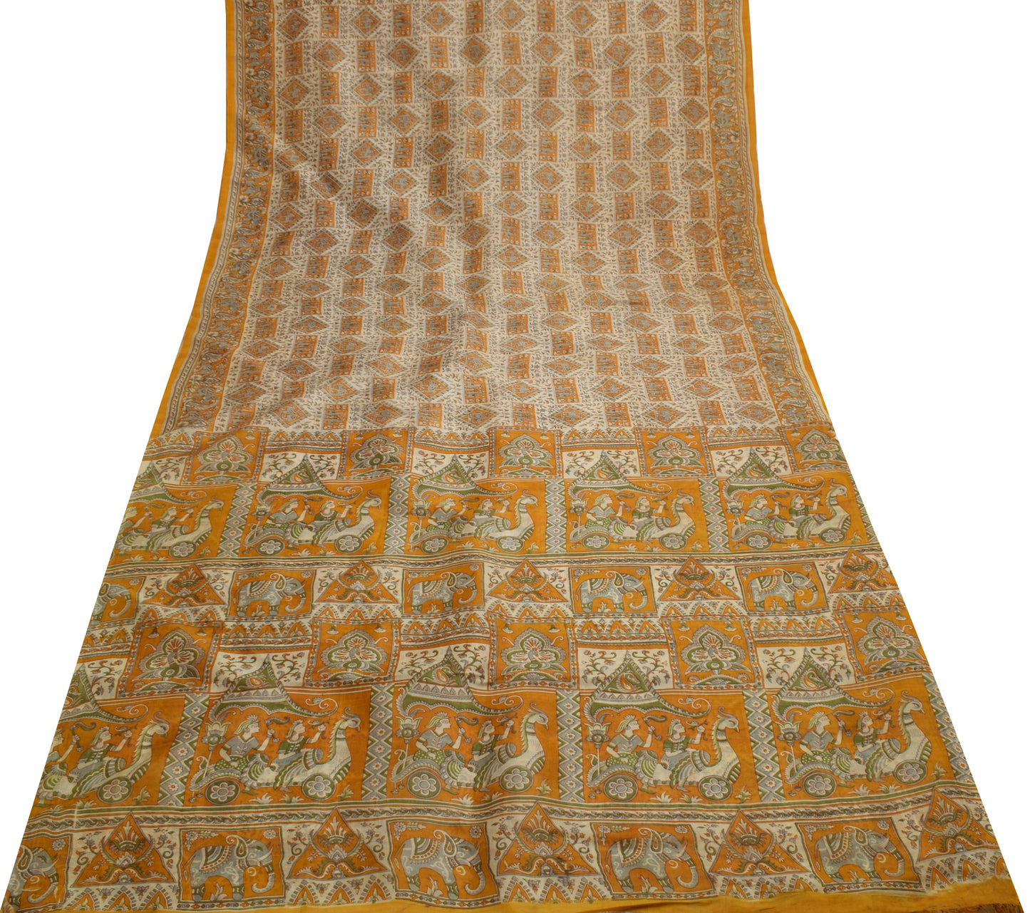 Sushila Vintage Cream Saree 100% Pure Silk Printed Floral Craft 5 Yard Fabric