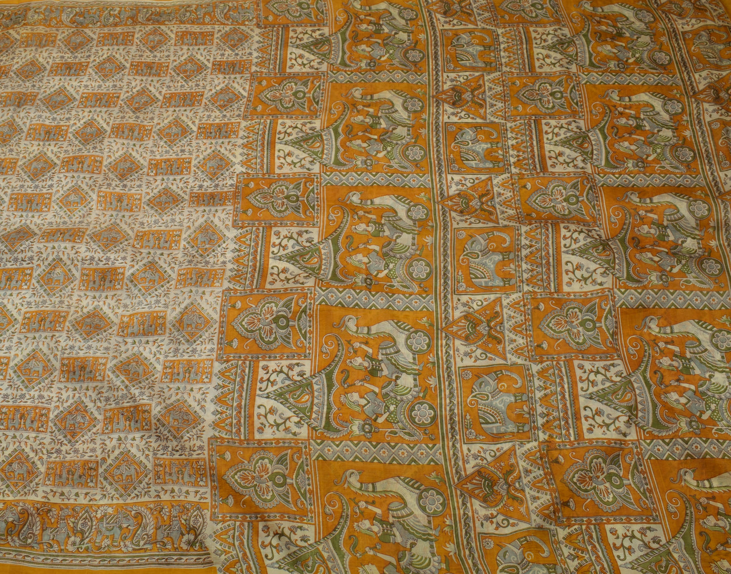 Sushila Vintage Cream Saree 100% Pure Silk Printed Floral Craft 5 Yard Fabric