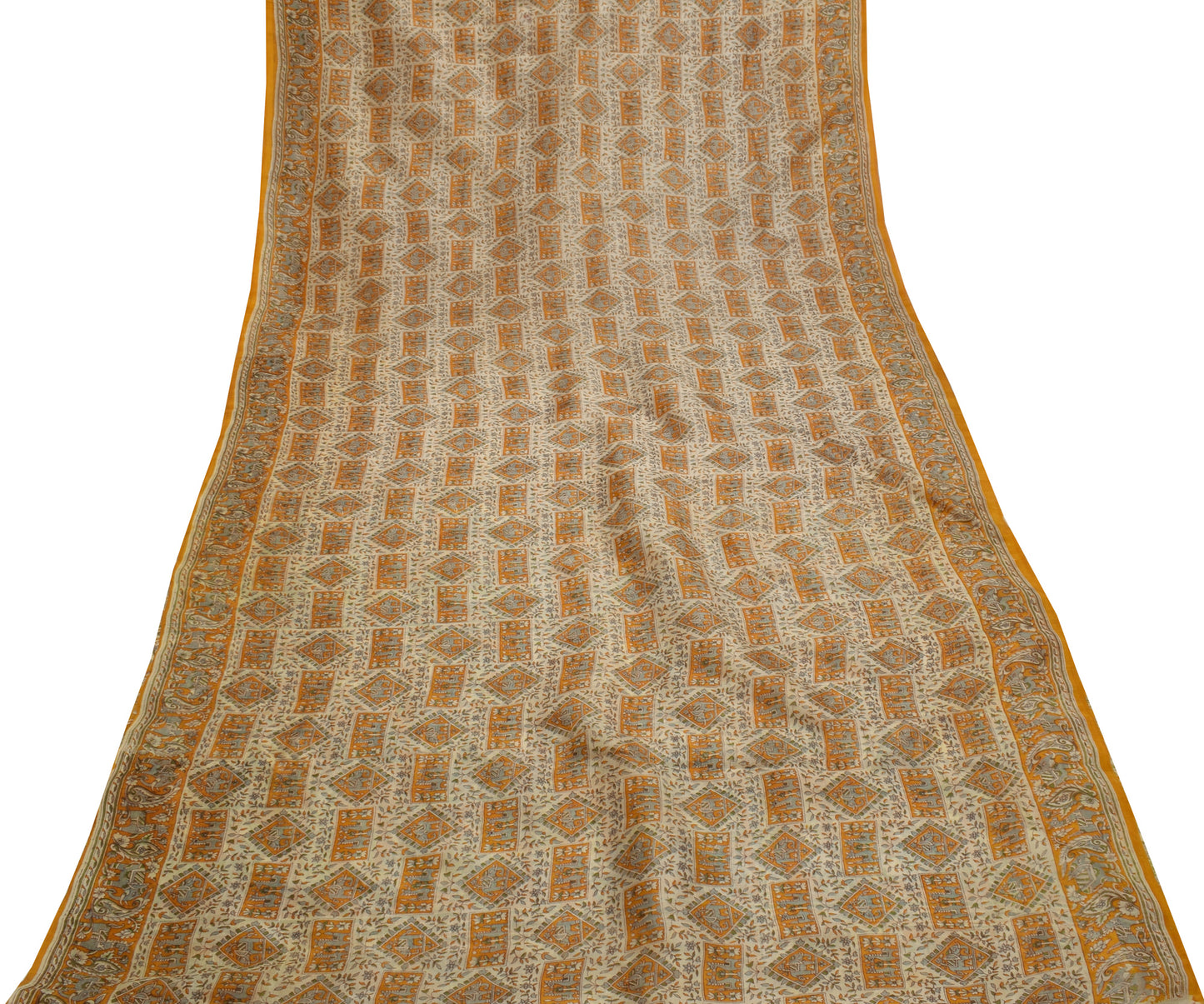 Sushila Vintage Cream Saree 100% Pure Silk Printed Floral Craft 5 Yard Fabric