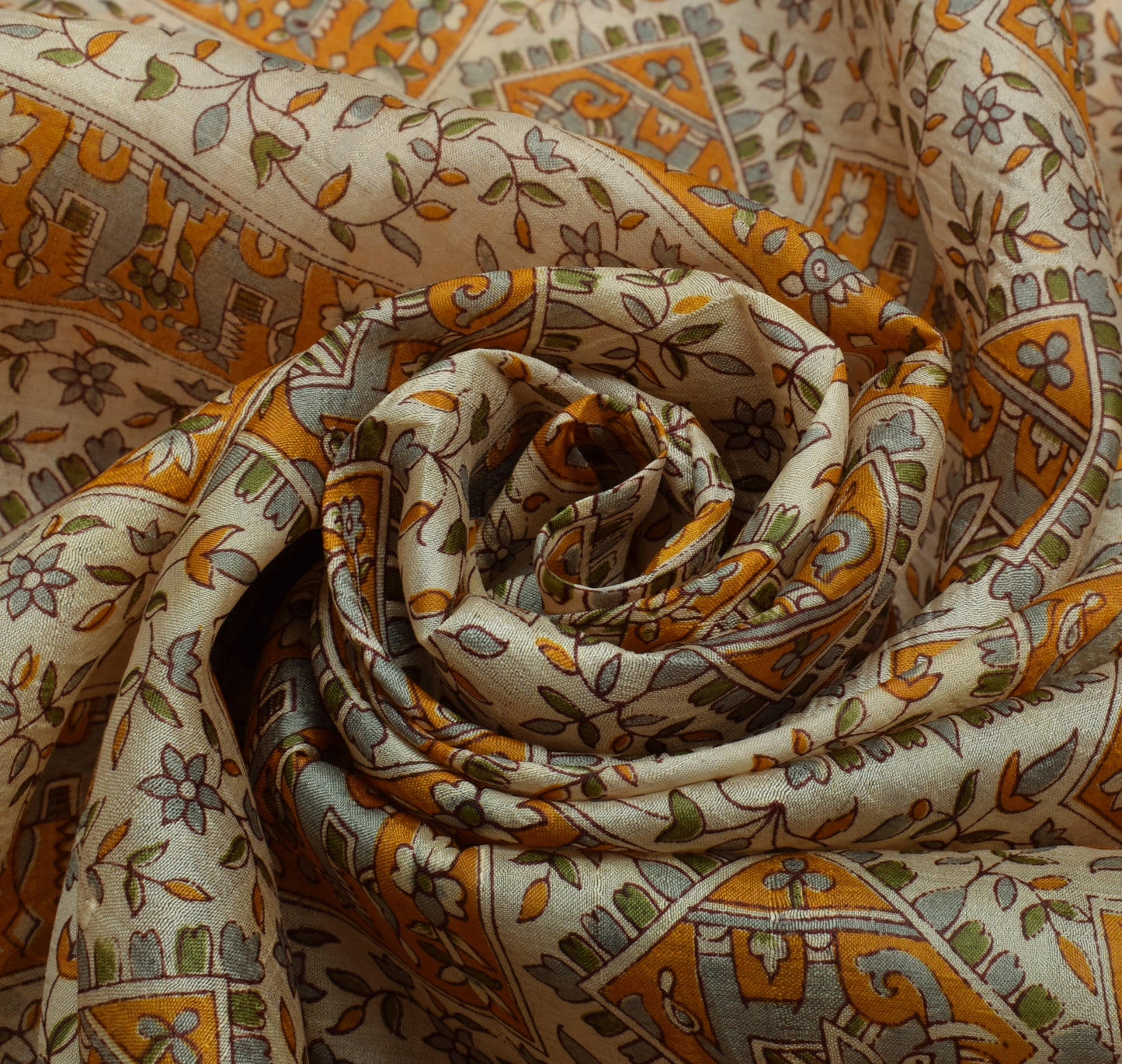 Sushila Vintage Cream Saree 100% Pure Silk Printed Floral Craft 5 Yard Fabric