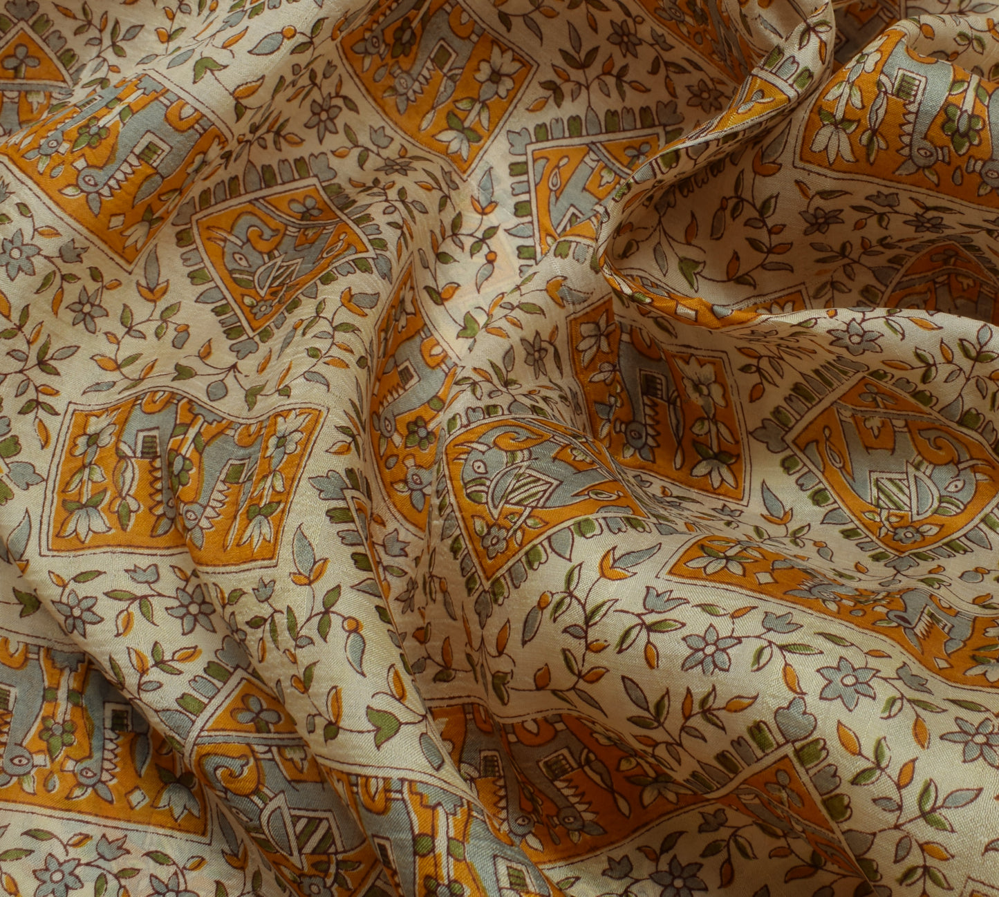 Sushila Vintage Cream Saree 100% Pure Silk Printed Floral Craft 5 Yard Fabric