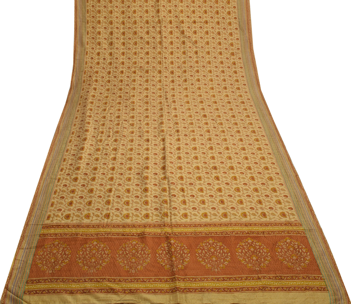 Sushila Vintage Light Brown Saree Pure Silk Printed Floral Soft Craft Fabric