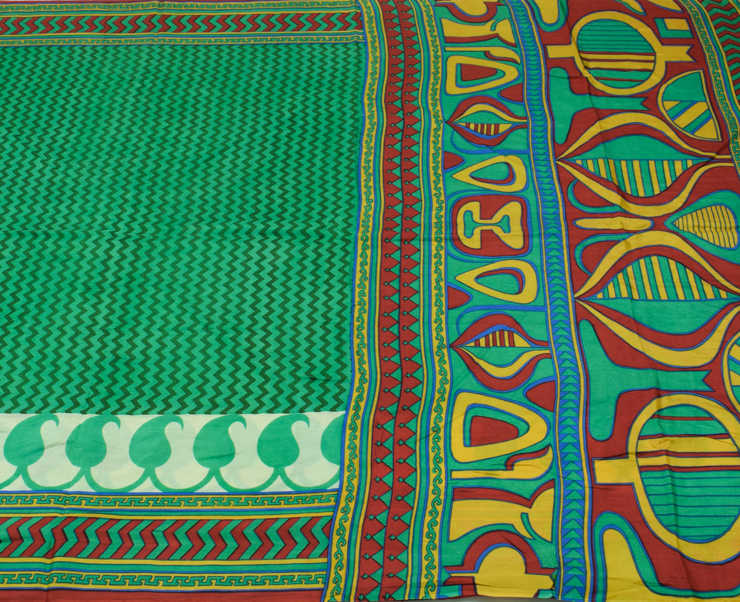 Sushila Vintage Green Saree 100% Pure Silk Printed Zig-Zag Soft Craft Fabric