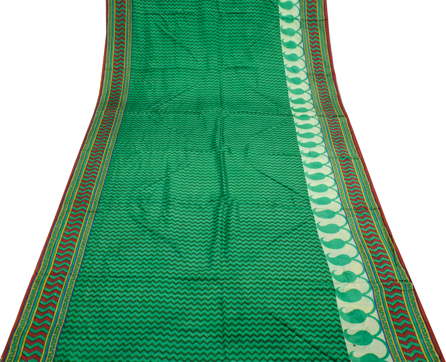 Sushila Vintage Green Saree 100% Pure Silk Printed Zig-Zag Soft Craft Fabric
