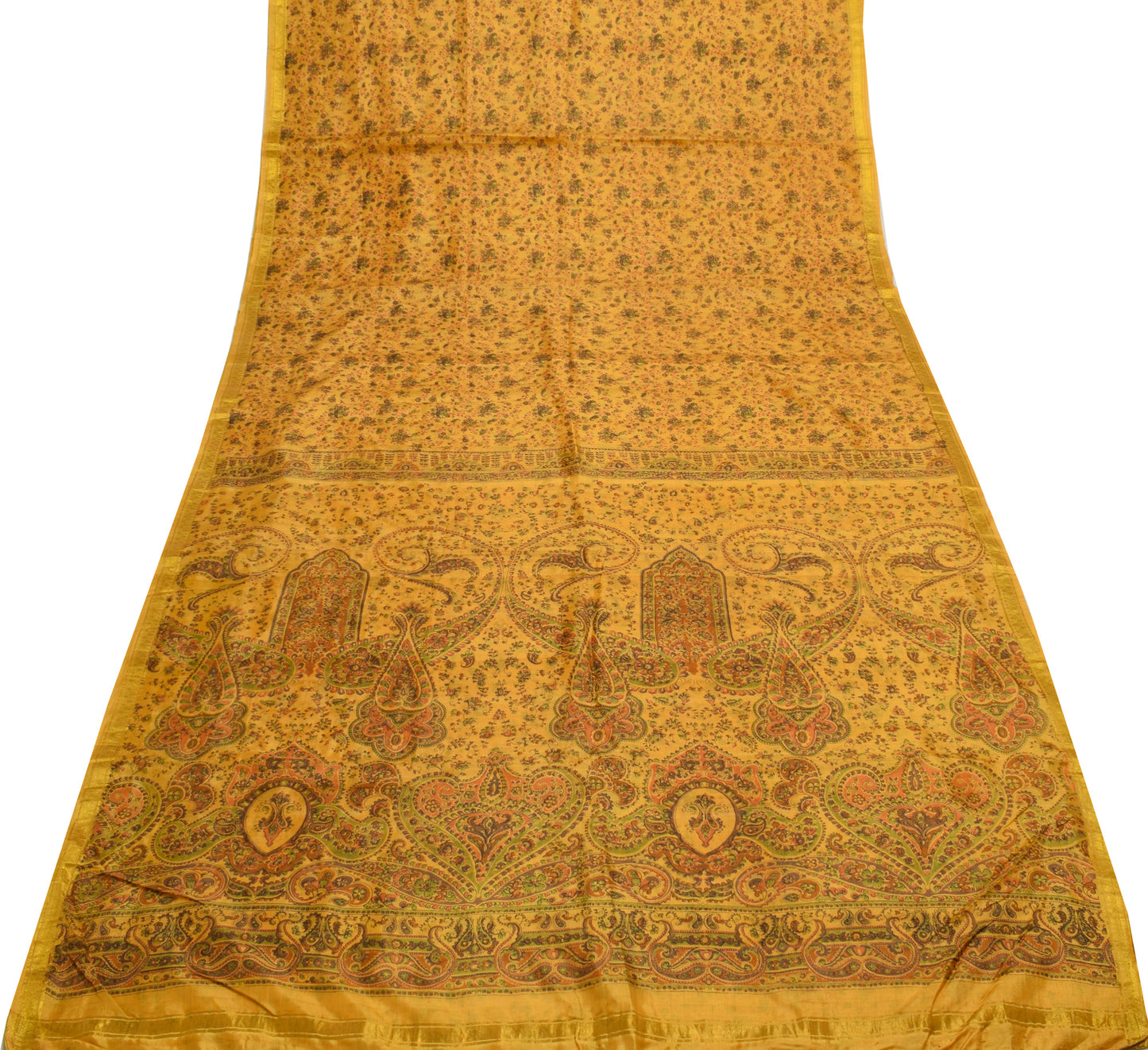 Sushila Vintage Yellow Saree 100% Pure Silk Printed Floral Soft Craft Fabric