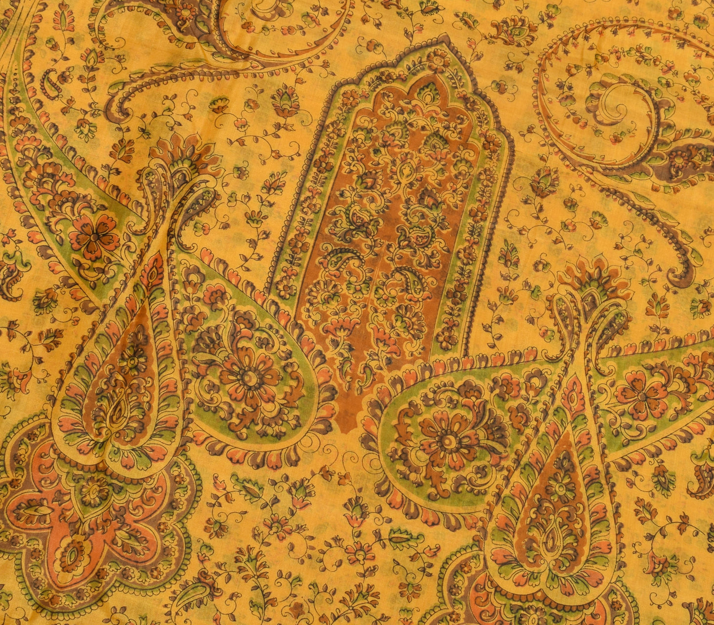 Sushila Vintage Yellow Saree 100% Pure Silk Printed Floral Soft Craft Fabric