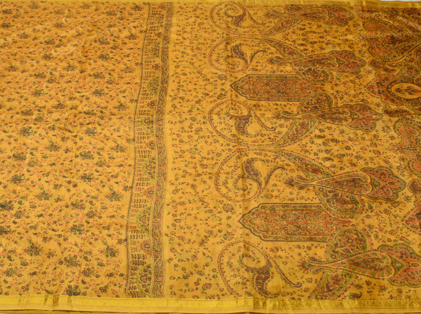 Sushila Vintage Yellow Saree 100% Pure Silk Printed Floral Soft Craft Fabric