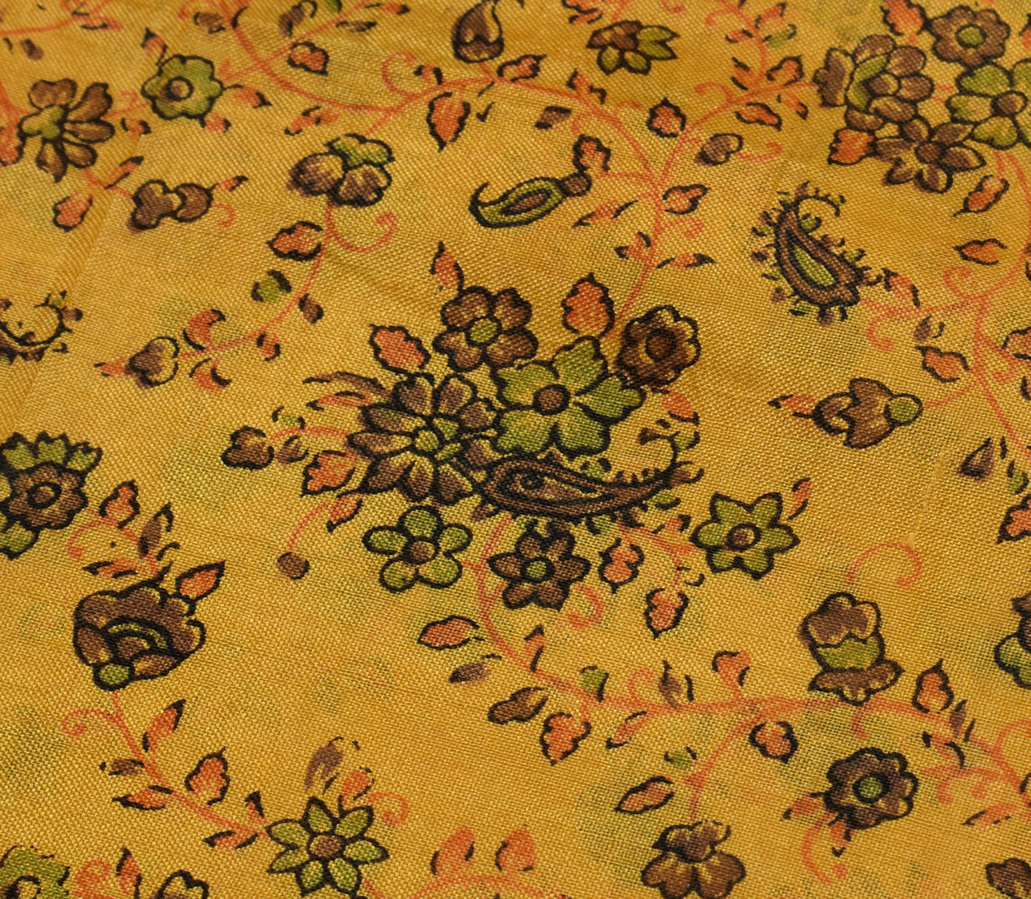 Sushila Vintage Yellow Saree 100% Pure Silk Printed Floral Soft Craft Fabric