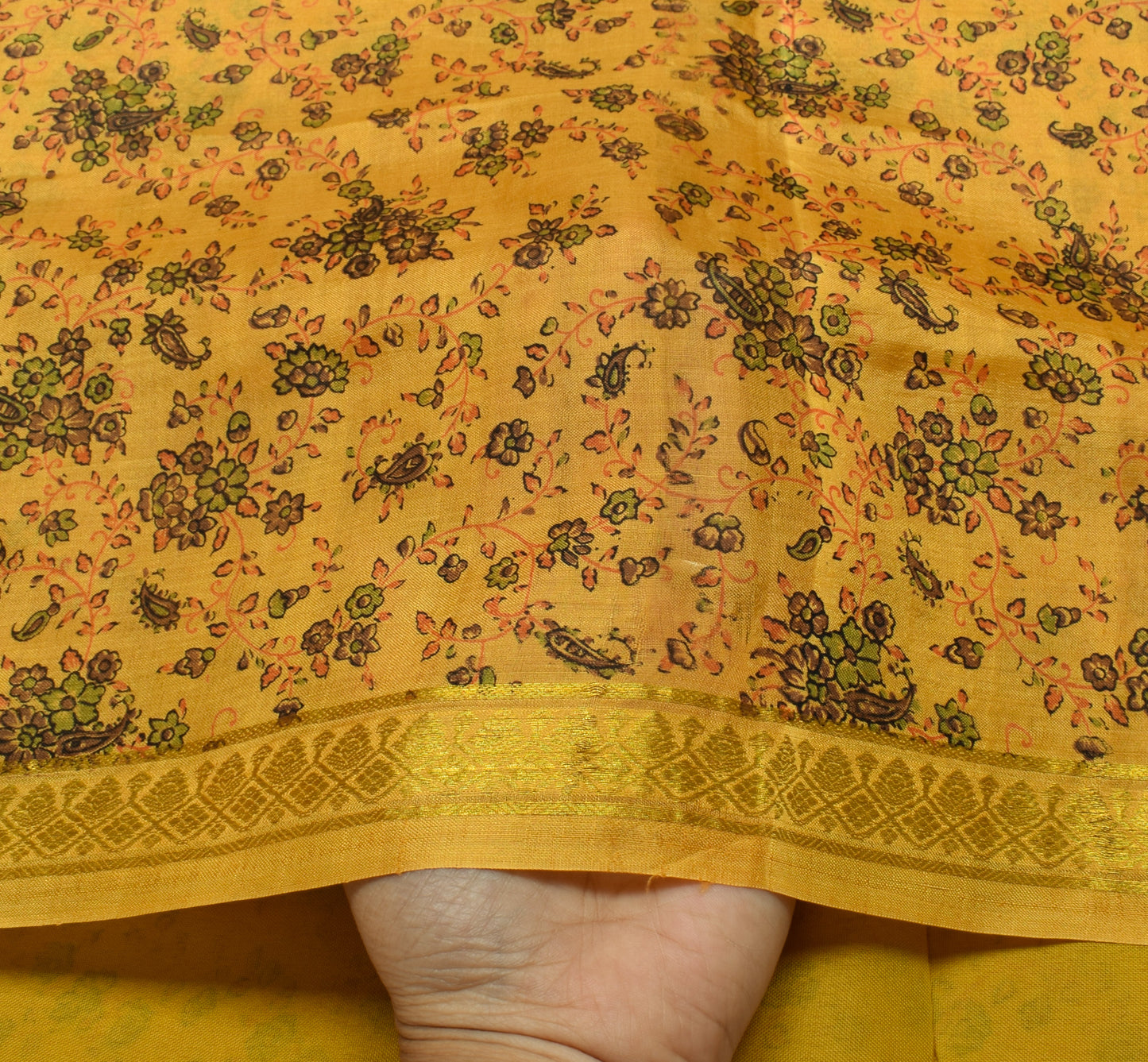 Sushila Vintage Yellow Saree 100% Pure Silk Printed Floral Soft Craft Fabric