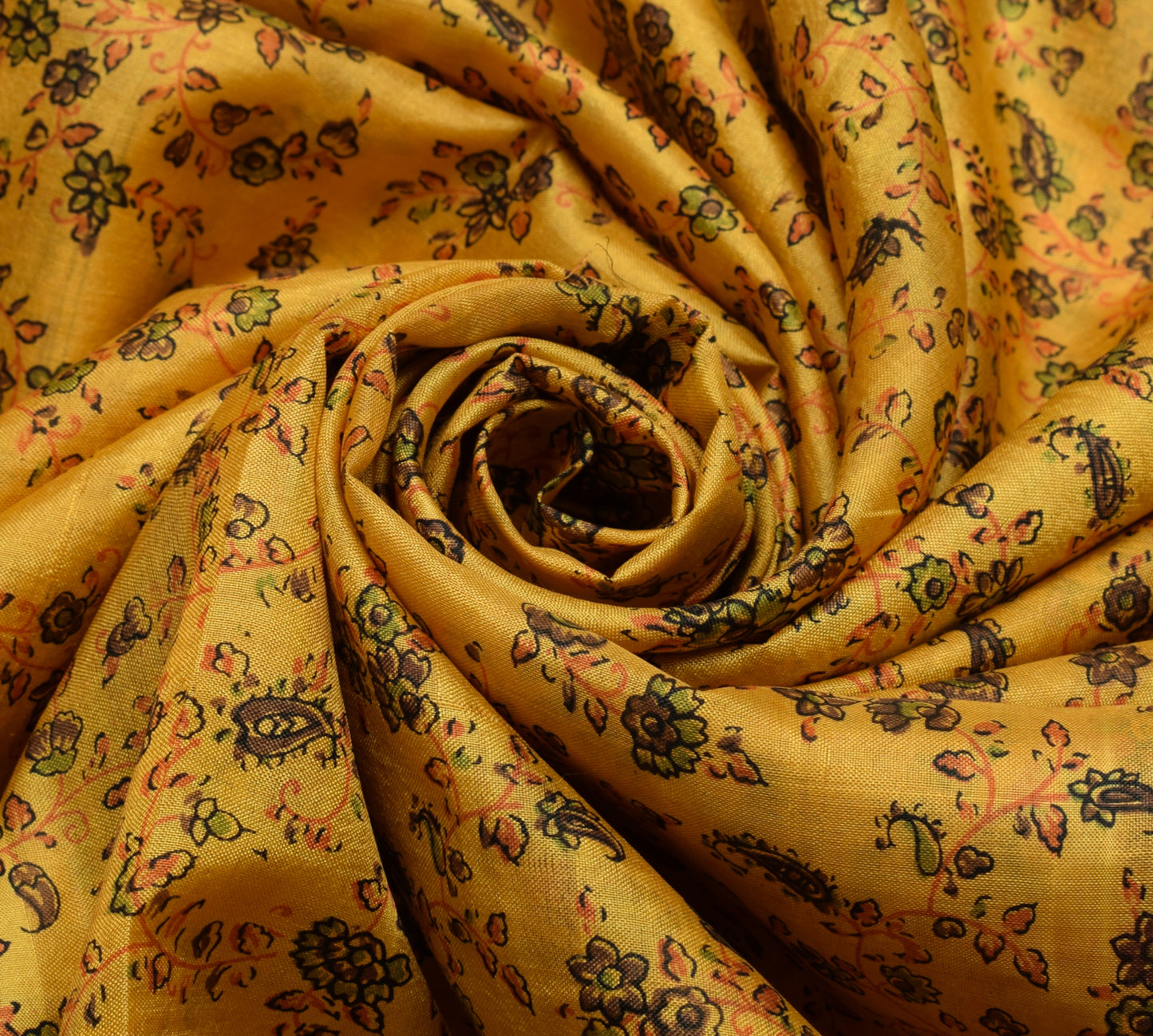 Sushila Vintage Yellow Saree 100% Pure Silk Printed Floral Soft Craft Fabric