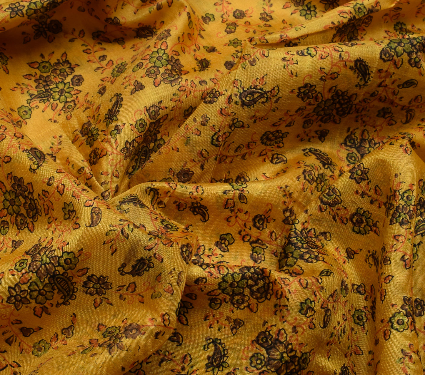 Sushila Vintage Yellow Saree 100% Pure Silk Printed Floral Soft Craft Fabric