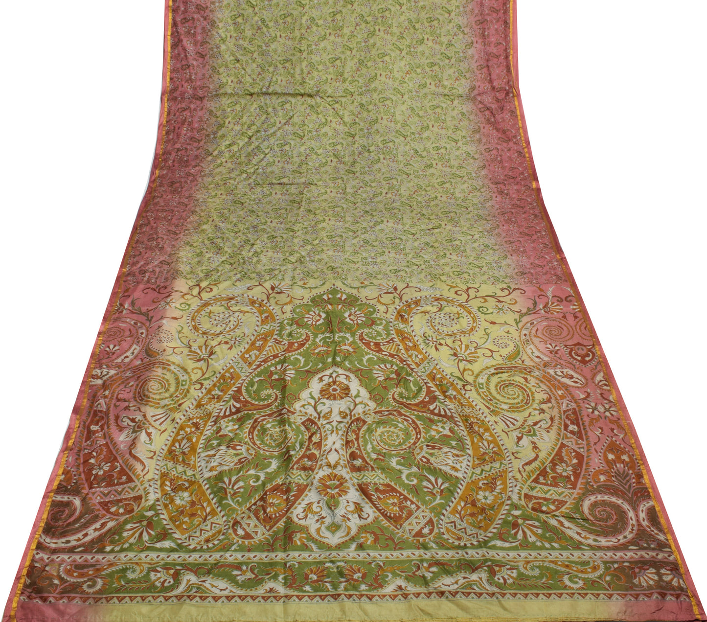 Sushila Vintage Green Saree 100% Pure Silk Printed Paisley Soft Craft Fabric