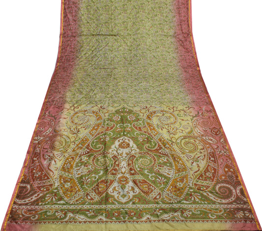 Sushila Vintage Green Saree 100% Pure Silk Printed Paisley Soft Craft Fabric