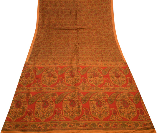 Sushila Vintage Orange Saree 100% Pure Silk Printed Floral Soft Craft Fabric