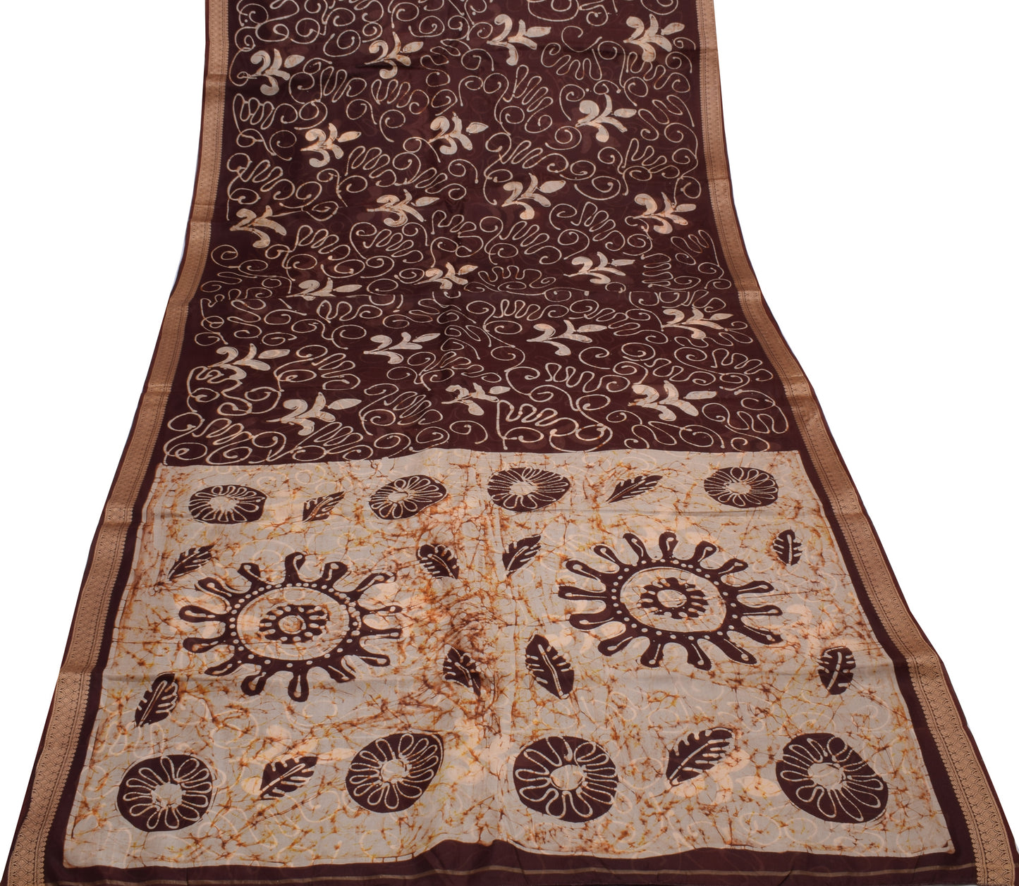 Sushila Vintage Dark Brown Saree 100% Pure Silk Printed Floral Soft Craft Fabric