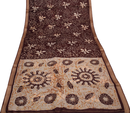 Sushila Vintage Dark Brown Saree 100% Pure Silk Printed Floral Soft Craft Fabric