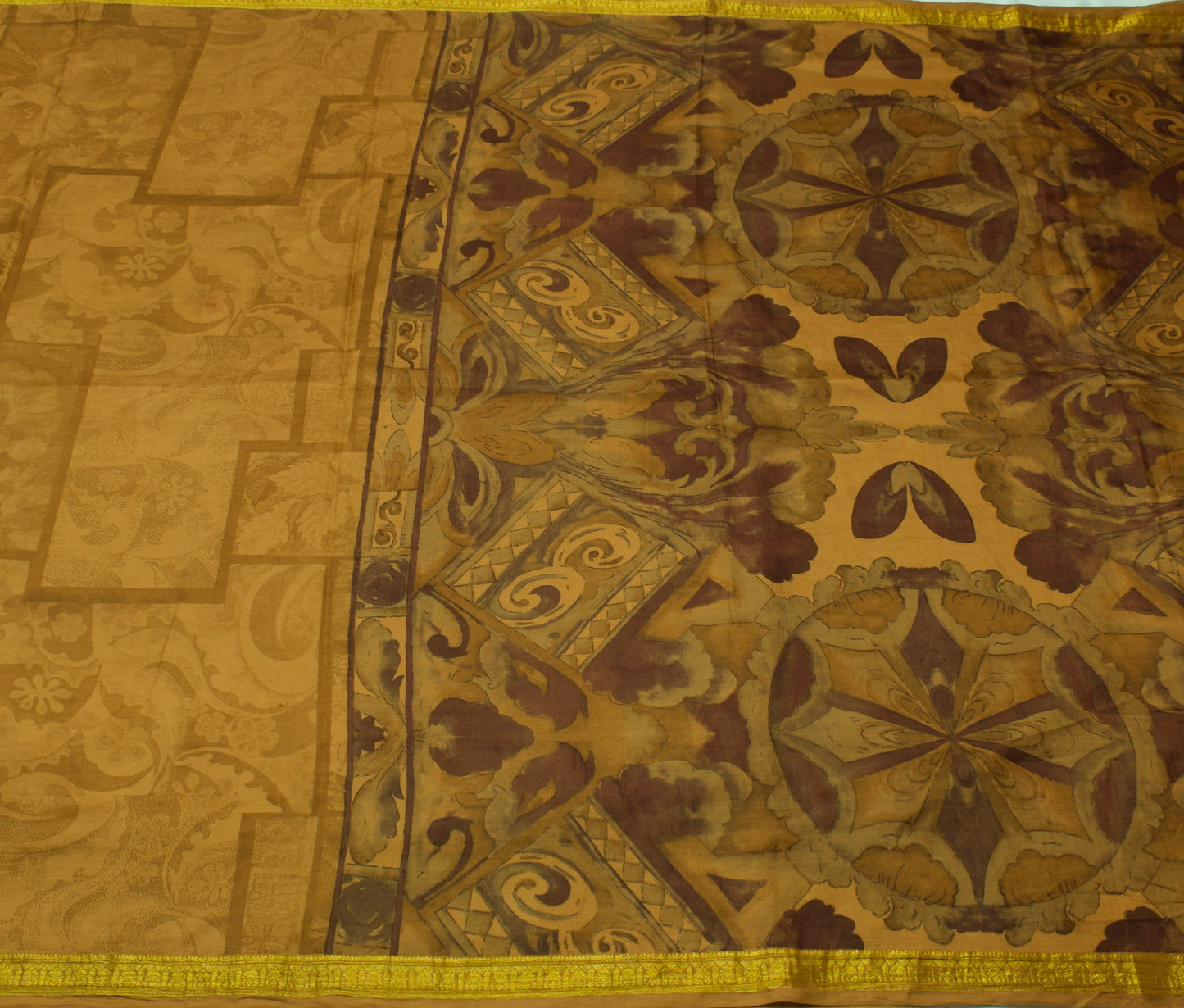 Sushila Vintage Brown Saree 100% Pure Silk Printed Soft Craft 5 Yard Sari Fabric