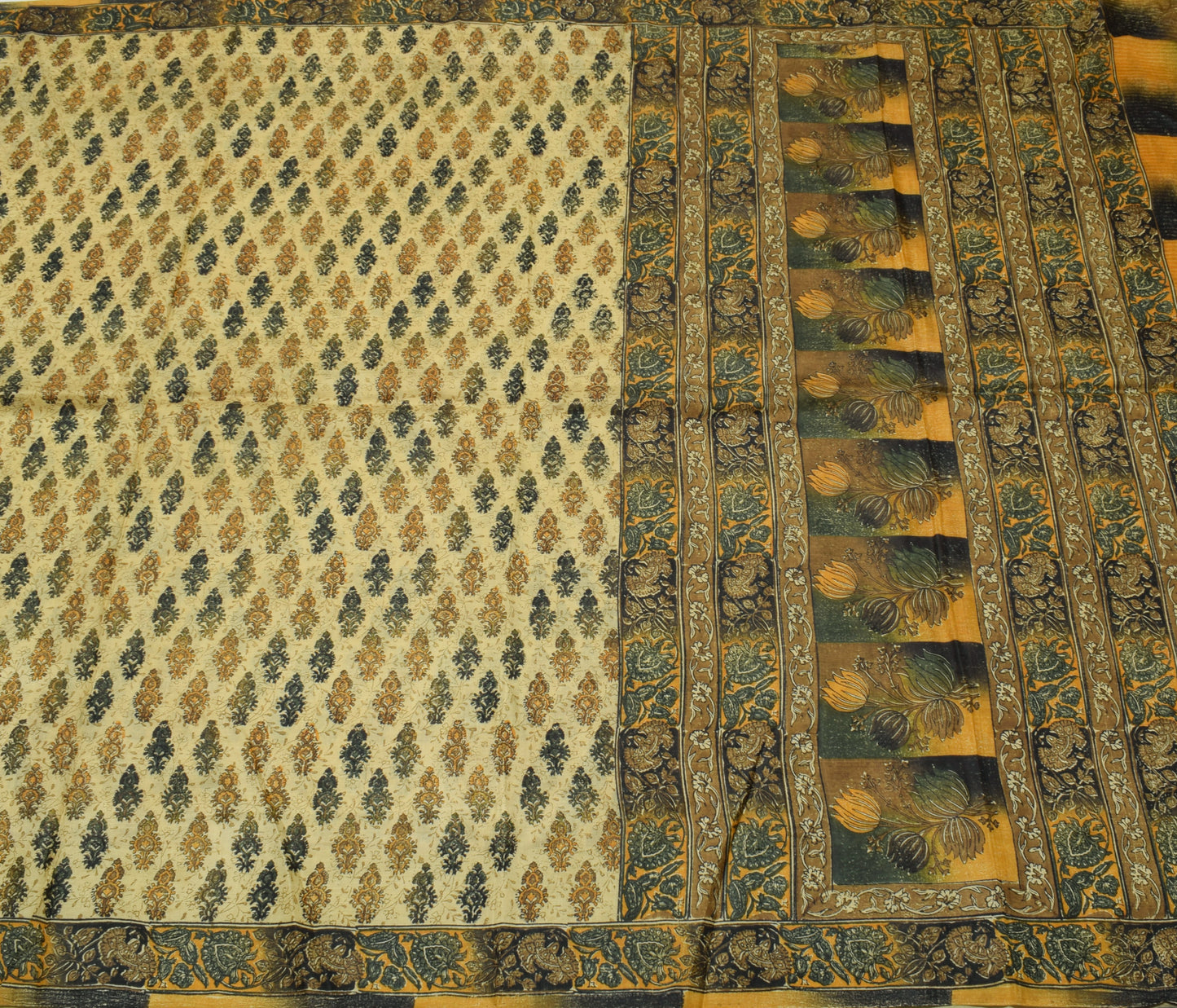 Sushila Vintage Cream Saree 100% Pure Silk Printed Floral Soft Craft Fabric