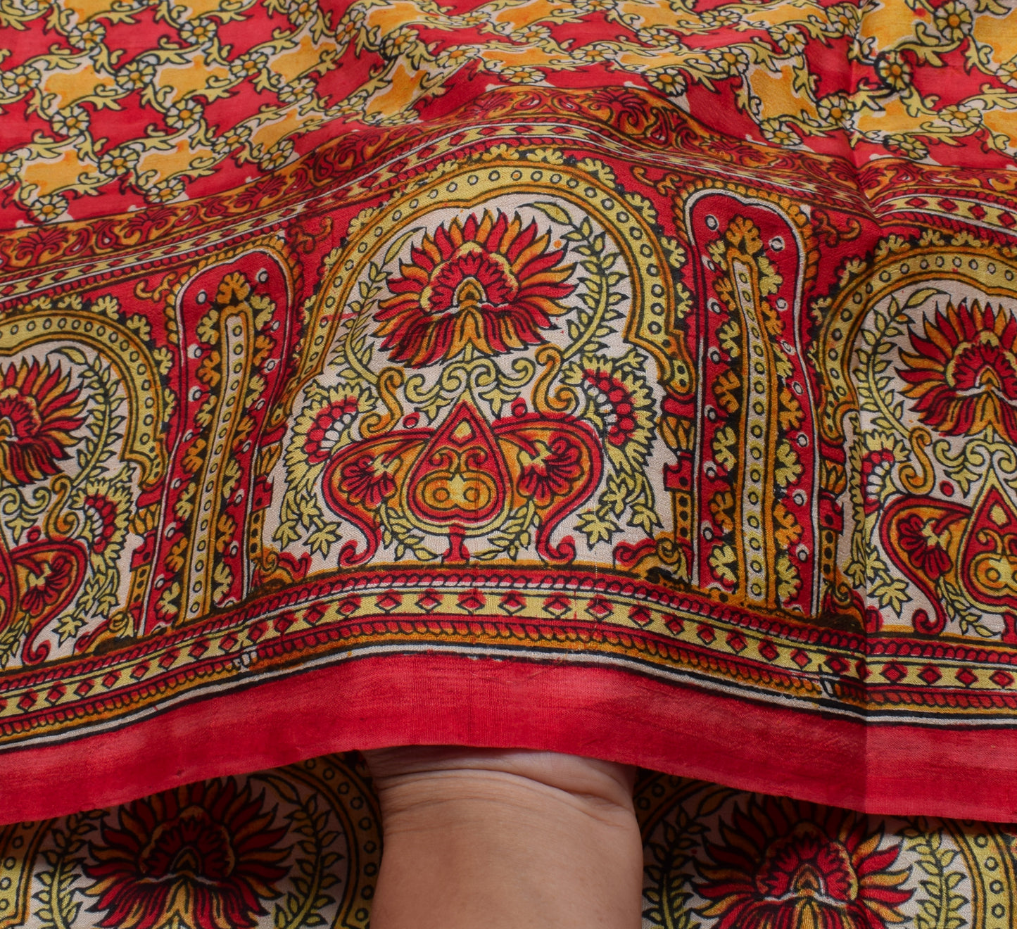 Sushila Vintage Red Saree 100% Pure Silk Printed Floral Soft Craft Sari Fabric
