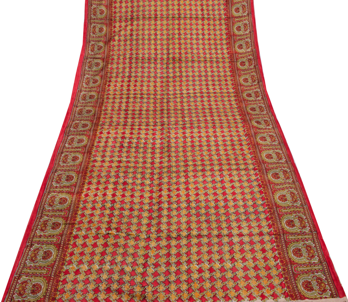 Sushila Vintage Red Saree 100% Pure Silk Printed Floral Soft Craft Sari Fabric