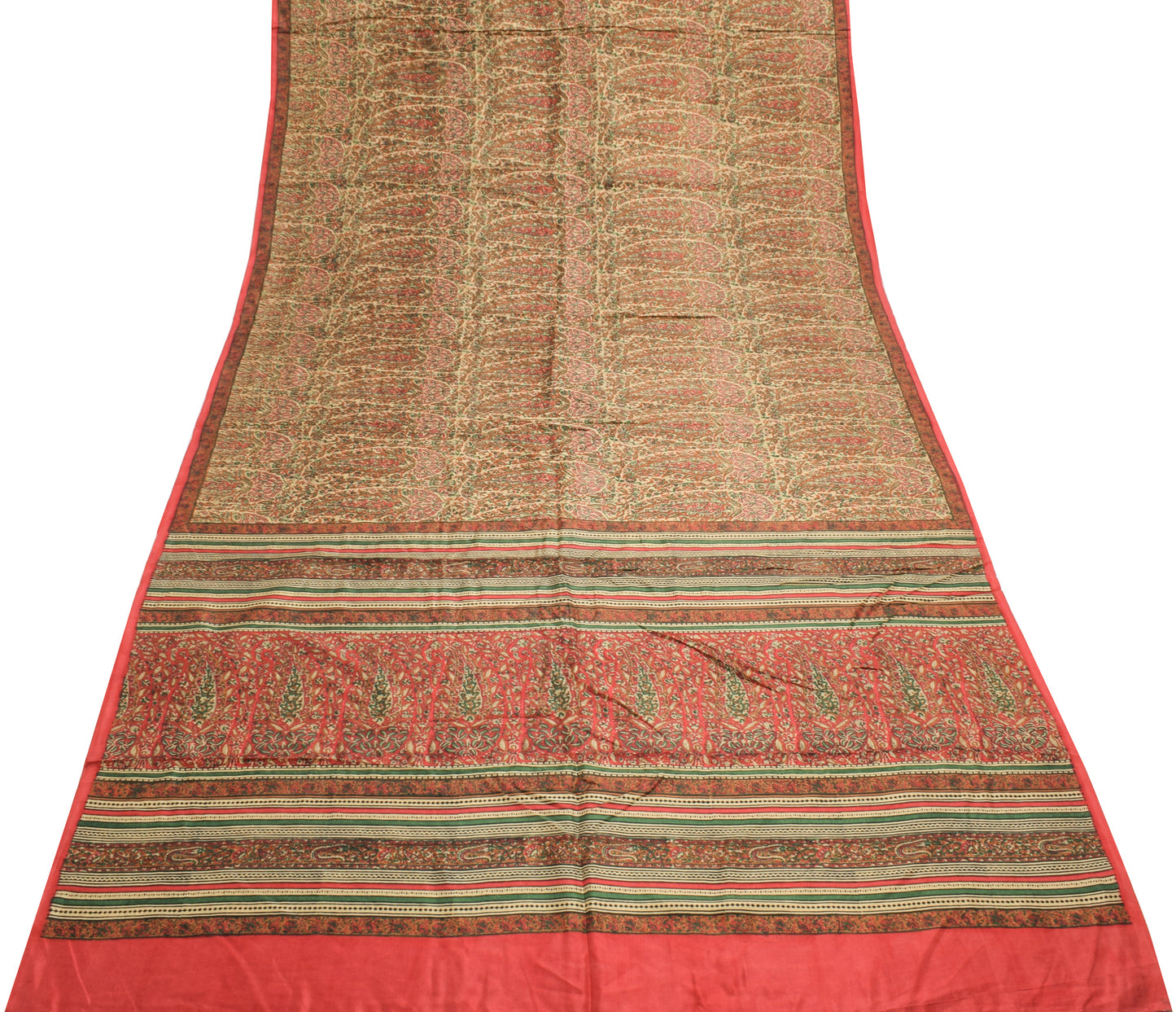 Sushila Vintage Cream Saree 100% Pure Silk Printed Paisley Soft Craft Fabric