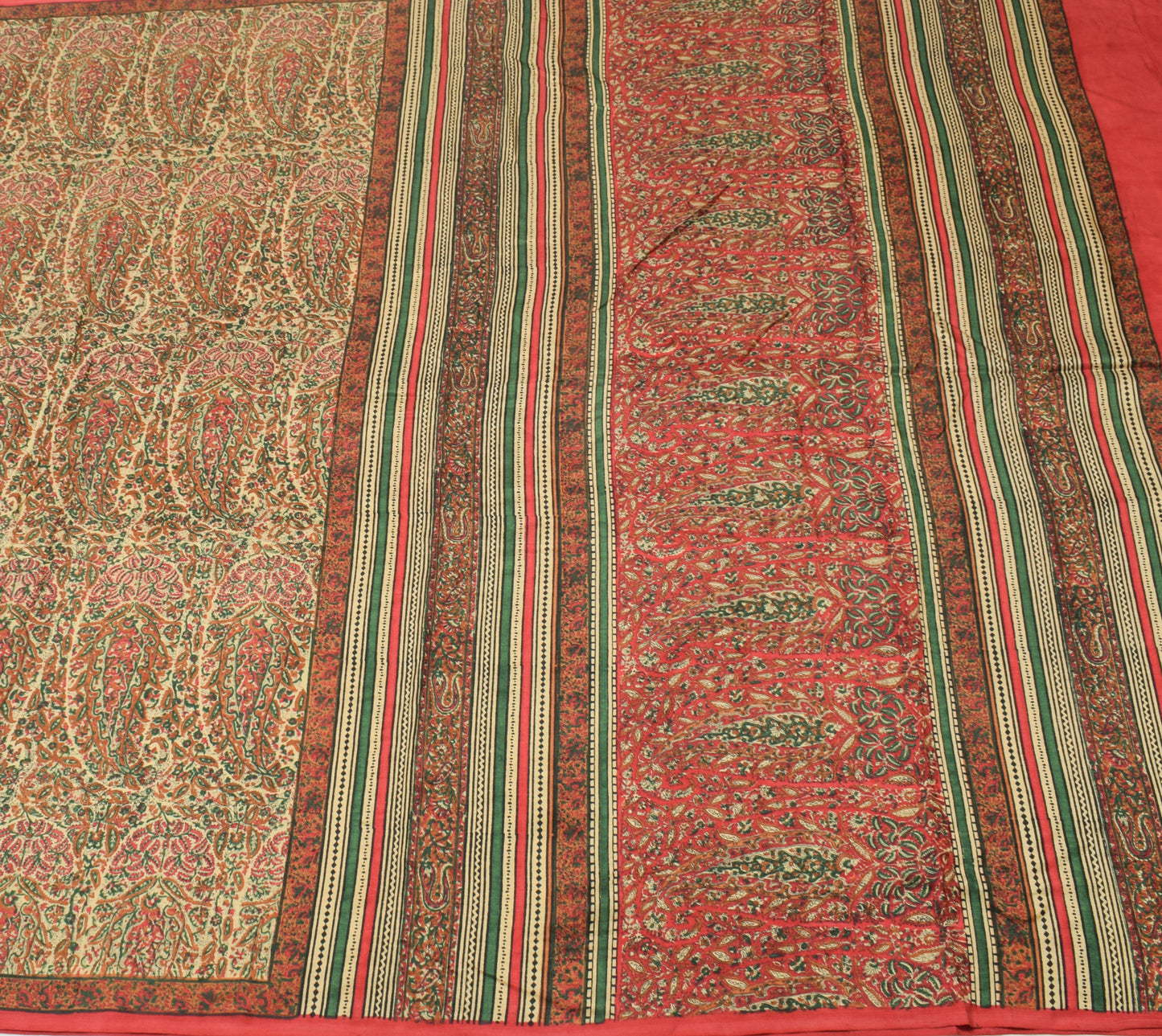 Sushila Vintage Cream Saree 100% Pure Silk Printed Paisley Soft Craft Fabric