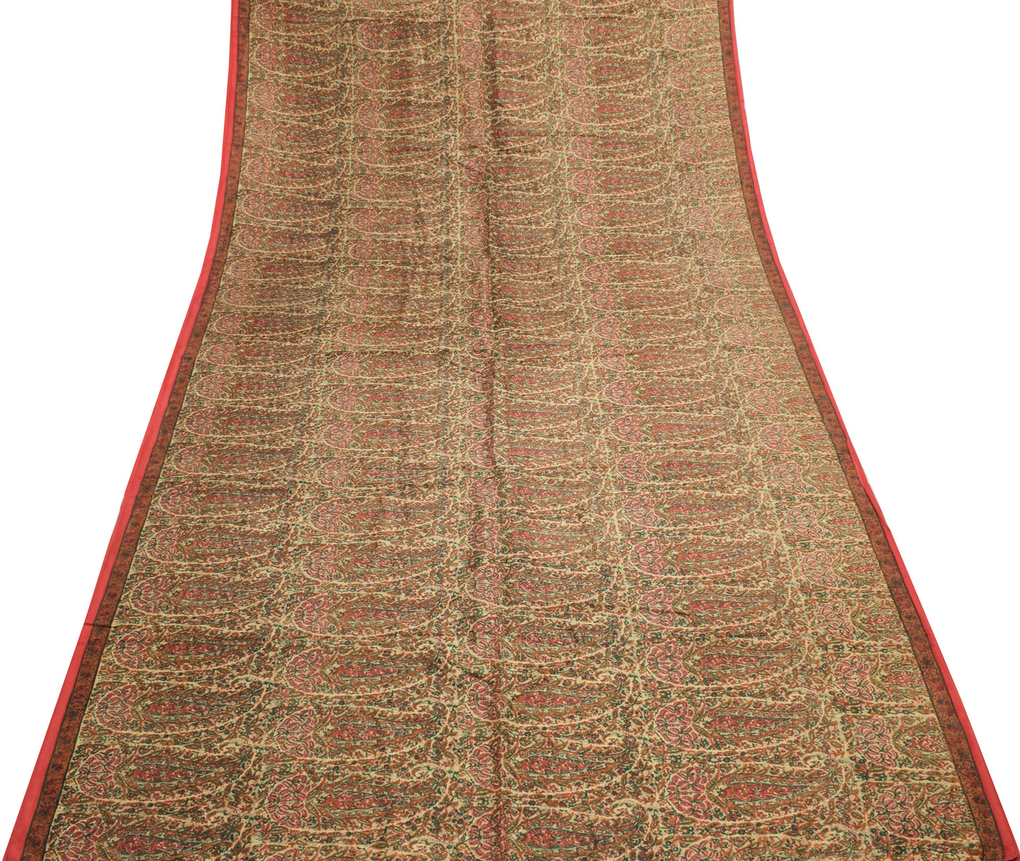 Sushila Vintage Cream Saree 100% Pure Silk Printed Paisley Soft Craft Fabric