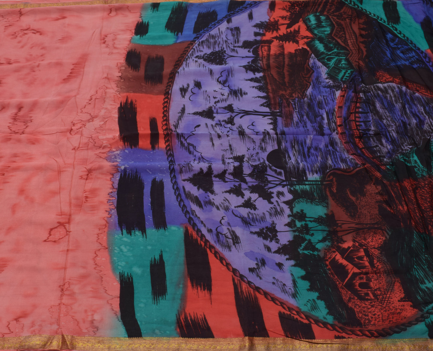 Sushila Vintage Peach Saree 100% Pure Silk Printed Soft Craft 5 Yard Fabric