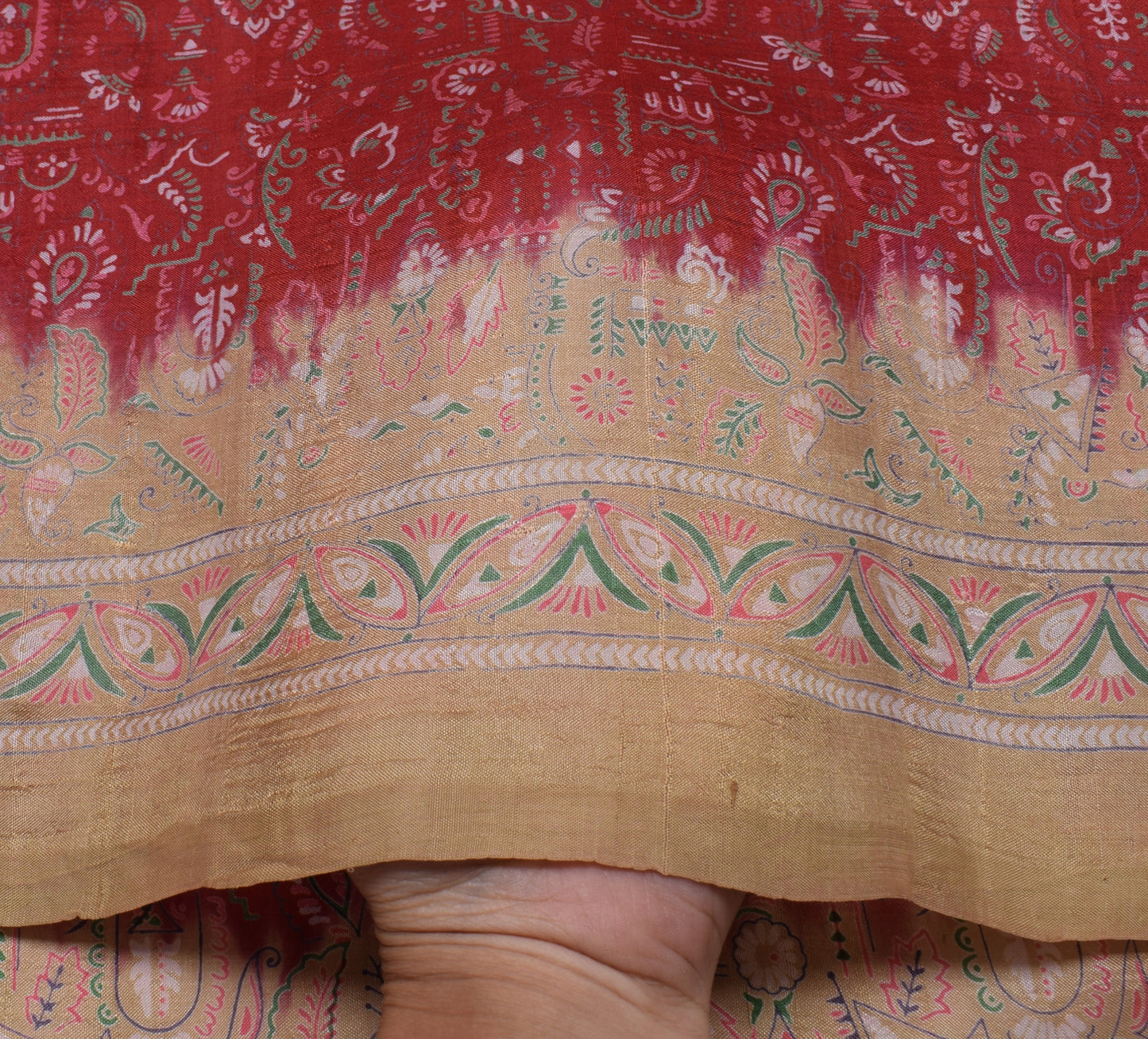 Sushila Vintage Red Saree 100% Pure Silk Printed Floral Soft Craft 5 Yard Fabric