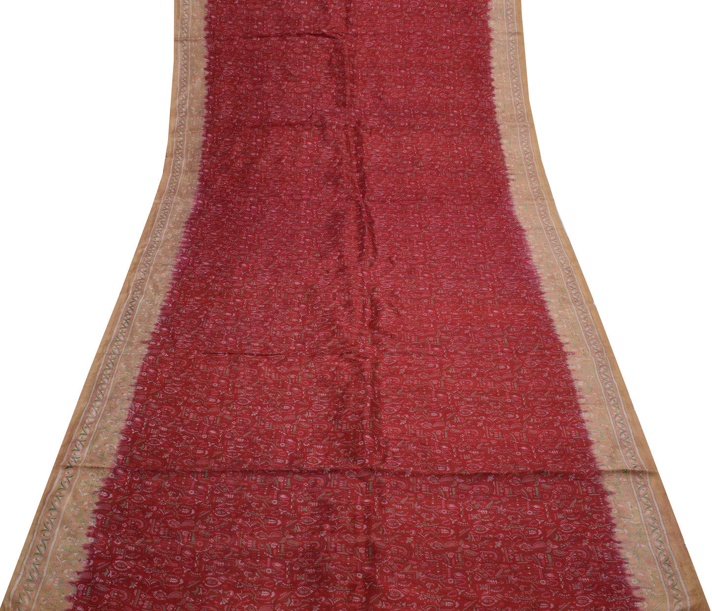 Sushila Vintage Red Saree 100% Pure Silk Printed Floral Soft Craft 5 Yard Fabric