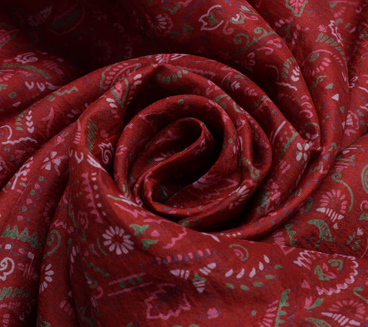 Sushila Vintage Red Saree 100% Pure Silk Printed Floral Soft Craft 5 Yard Fabric