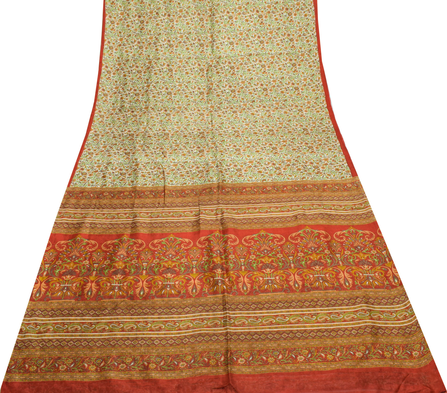 Sushila Vintage Cream Saree 100% Pure Silk Printed Floral Soft Craft Fabric
