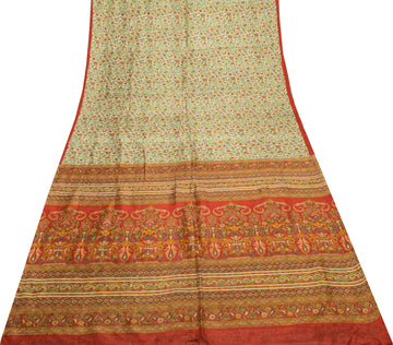 Sushila Vintage Cream Saree 100% Pure Silk Printed Floral Soft Craft Fabric