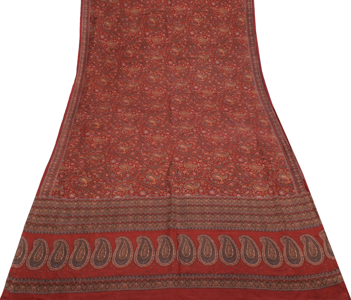 Sushila Vintage Maroon Saree 100% Pure Silk Printed Paisley Soft Craft Fabric