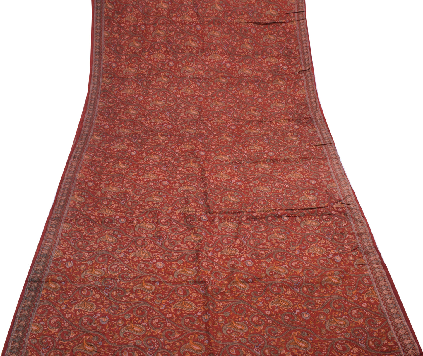 Sushila Vintage Maroon Saree 100% Pure Silk Printed Paisley Soft Craft Fabric
