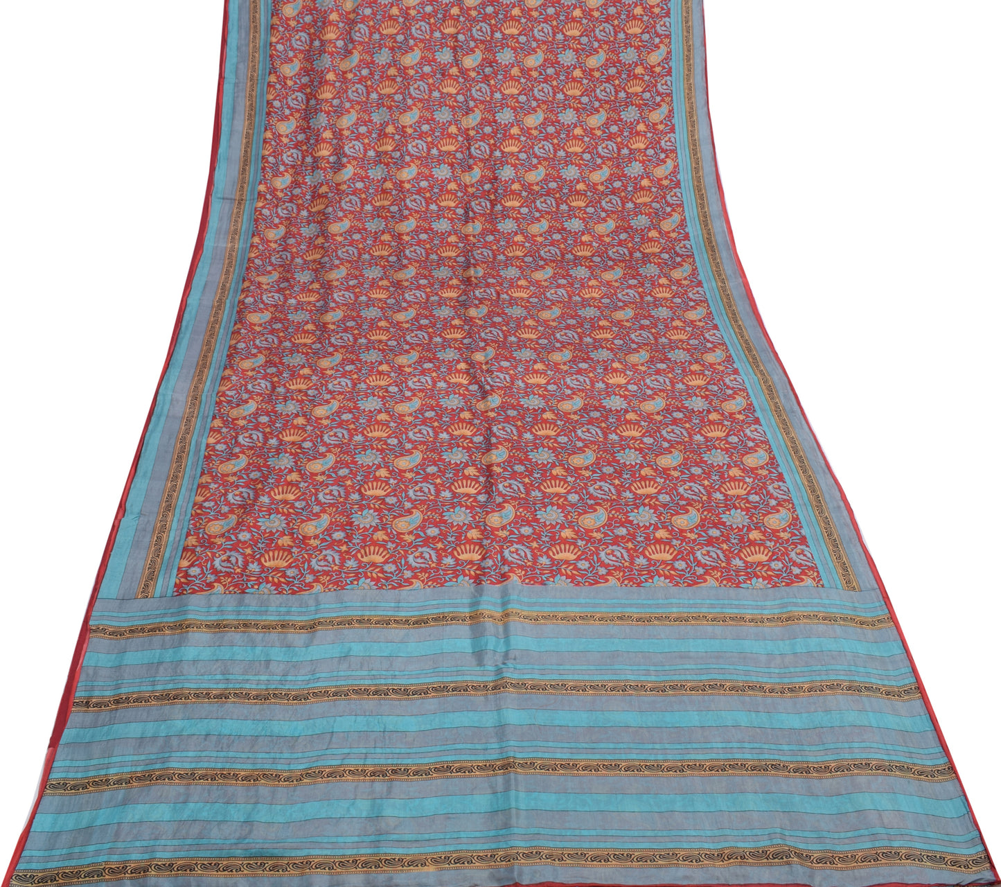 Sushila Vintage Red Saree 100% Pure Silk Printed Floral Soft Craft 5 YD Fabric