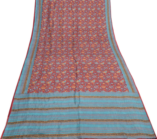 Sushila Vintage Red Saree 100% Pure Silk Printed Floral Soft Craft 5 YD Fabric