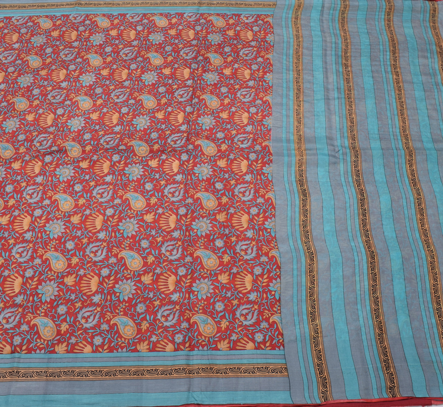 Sushila Vintage Red Saree 100% Pure Silk Printed Floral Soft Craft 5 YD Fabric