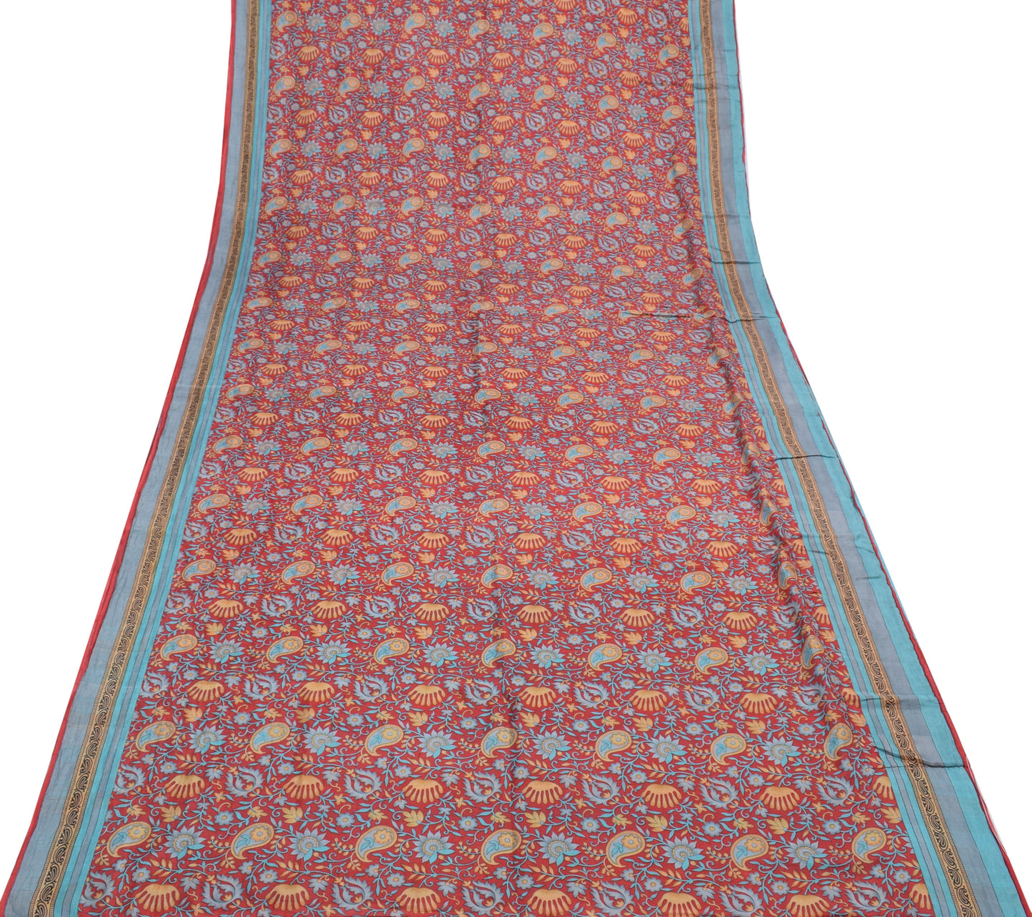 Sushila Vintage Red Saree 100% Pure Silk Printed Floral Soft Craft 5 YD Fabric