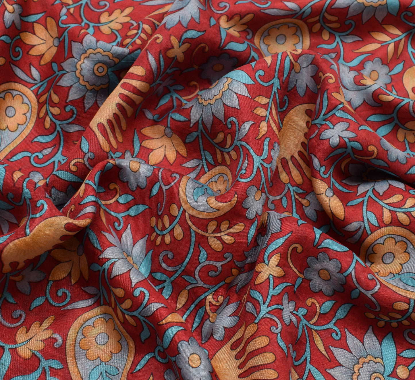 Sushila Vintage Red Saree 100% Pure Silk Printed Floral Soft Craft 5 YD Fabric