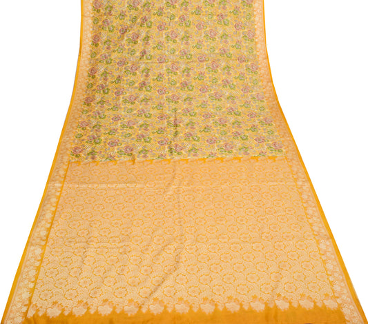 Sushila Vintage Yellow Saree 100% Pure Silk Printed Floral Soft Craft Fabric
