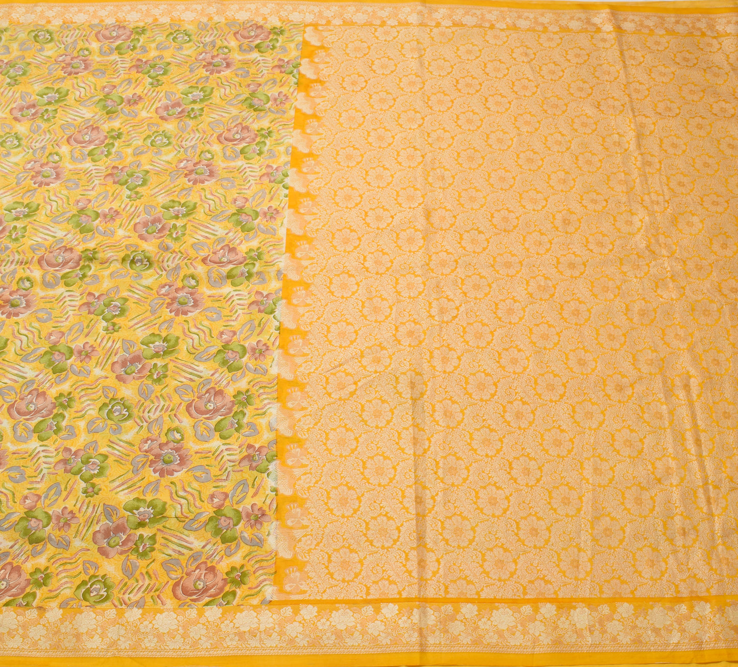 Sushila Vintage Yellow Saree 100% Pure Silk Printed Floral Soft Craft Fabric