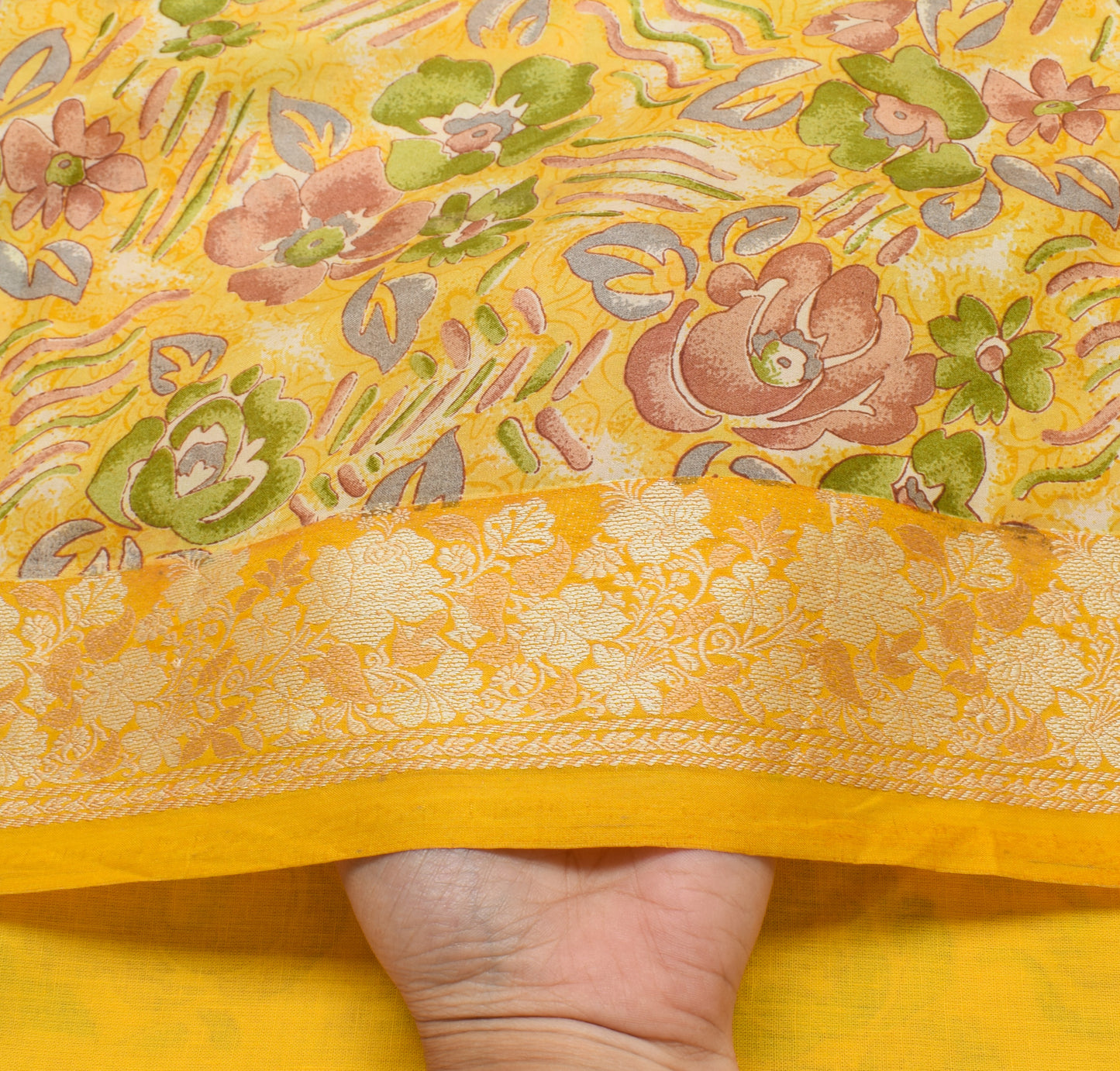 Sushila Vintage Yellow Saree 100% Pure Silk Printed Floral Soft Craft Fabric
